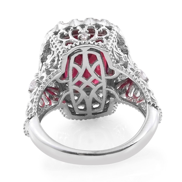 Designer Inspired - AAA African Ruby (Cush 8.00 Ct), Natural Cambodian Zircon Ring in Platinum Overlay Sterling Silver 9.500 Ct. Silver wt 5.80 Gms.