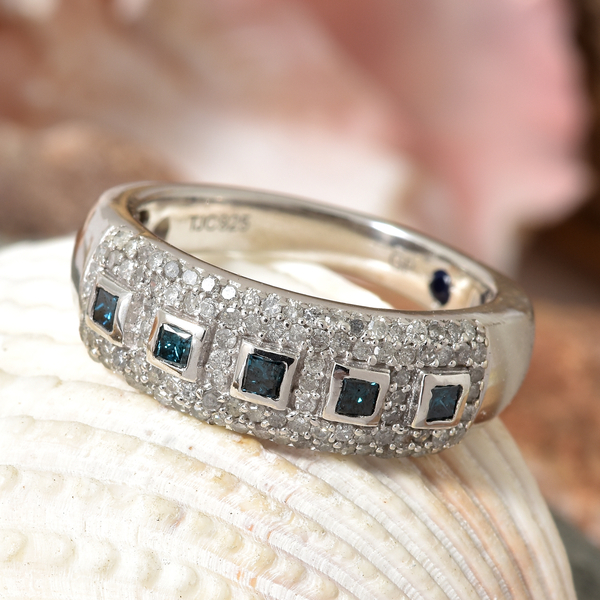 GP Blue Diamond (Sqr), White Diamond Ring in Platinum Overlay Sterling Silver 0.520 Ct