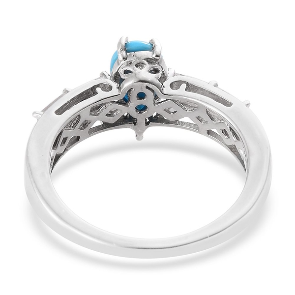 Arizona Sleeping Beauty Turquoise (Pear 1.00 Ct), White Topaz Ring in Platinum Overlay Sterling Silver 1.500 Ct.