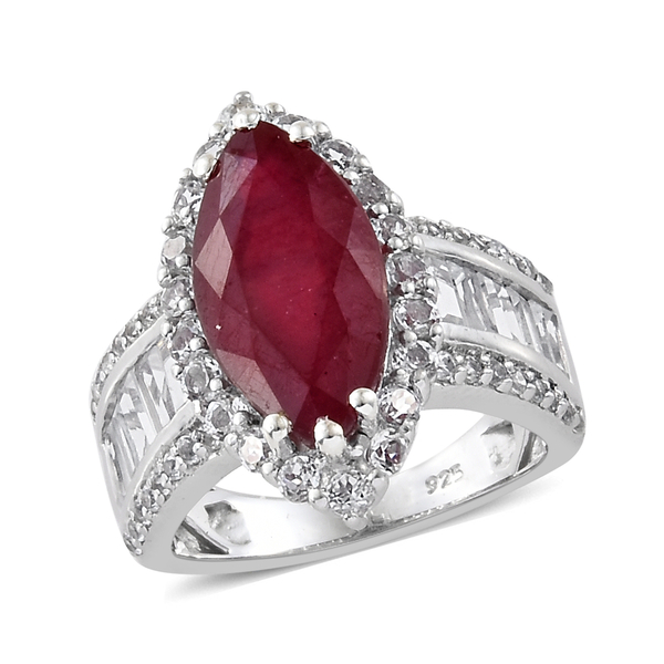 8.50 ct African Ruby and White Topaz Halo Design Ring in Platinum Plated Sterling Silver