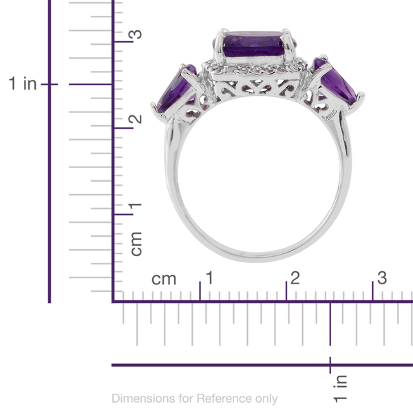 Amethyst (Cush 3.60 Ct), Natural White Cambodian Zircon Ring in Rhodium Plated Sterling Silver 5.000 Ct.