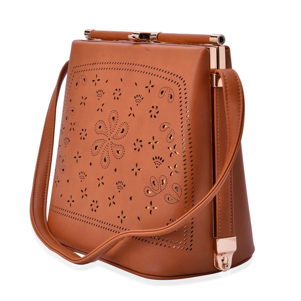 Laser Cut Floral Pattern Tan Colour Clutch Bag With Unique Adjustable Strap (Size 20x20x15 Cm)(Size 20x20x15 Cm)