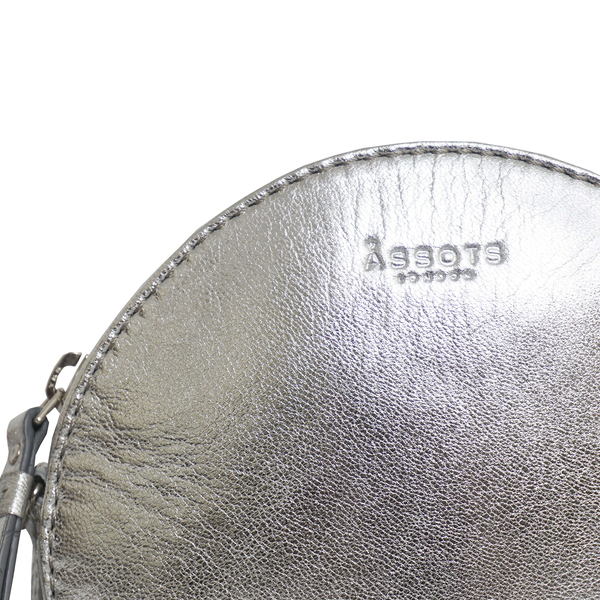 Assots London DISC Metallic Genuine Leather Round Mini Crossbody Bag - Silver