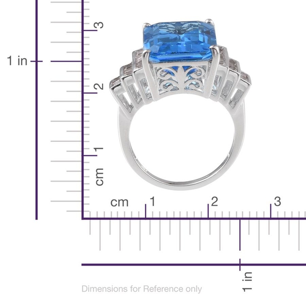 Electric Swiss Blue Topaz (Oct 15.00 Ct), White Topaz Ring in Platinum Overlay Sterling Silver 16.500 Ct.