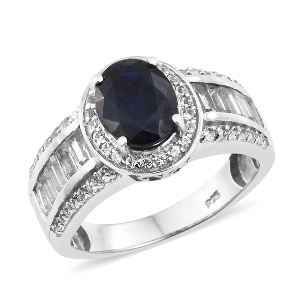 Rare Size 6 Ct Masoala Sapphire and White Topaz Halo Ring in Platinum Plated Silver 5.41 Grams