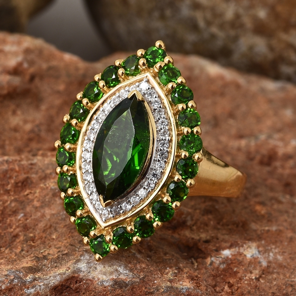 Chrome Diopside (Mrq 12x6 mm), Natural Cambodian Zircon Ring in 14K Gold Overlay Sterling Silver 3.500 Ct.