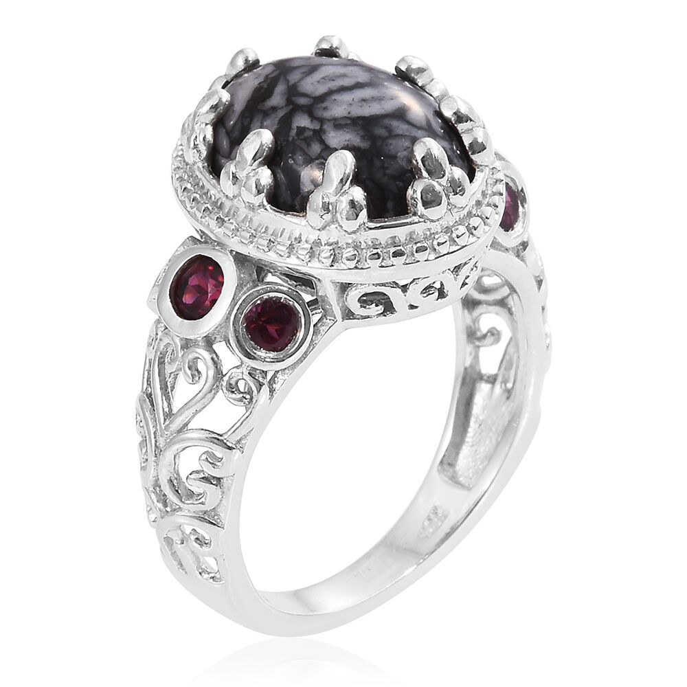Austrian Pinolith (Ovl 6.25 Ct), Rhodolite Garnet Ring in Platinum Overlay Sterling Silver 7.000 Ct.