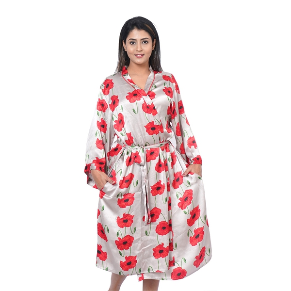 Floral Printed Satin Robe with Bell Sleeve (Size L  16-18  Length: 110cm) - Grey