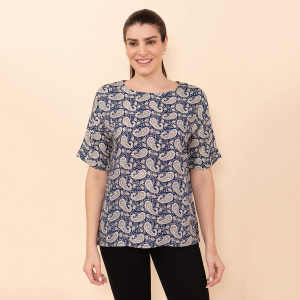 TAMSY 100% Viscose Paisley Pattern Top (Size L) - Blue