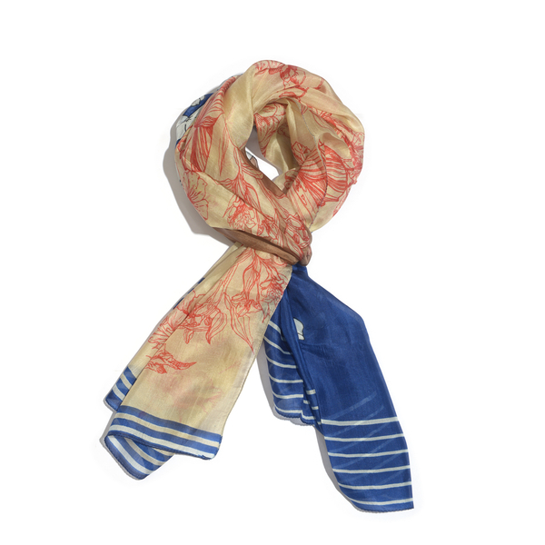 100% Mulberry Silk Royal Blue, Chocolate and Multi Colour Scarf (Size 180x100 Cm)
