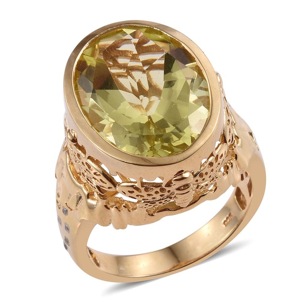 Natural Ouro Verde Quartz (Ovl 15.65 Ct), Natural Cambodian Zircon Ring in 14K Gold Overlay Sterling