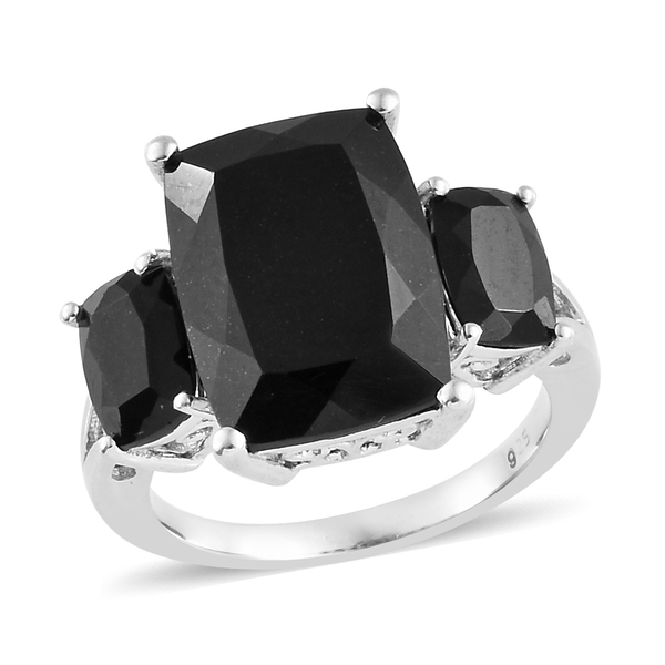 8.25 Ct Black Tourmaline Trilogy Ring in Platinum Plated Sterling Silver