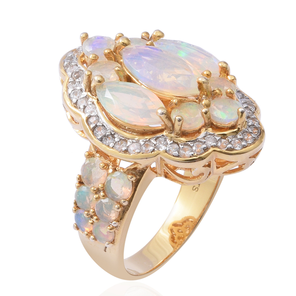 Ethiopian Welo Opal (Mrq 12x6 mm), Natural Cambodian Zircon Ring in Rhodium and Yellow Gold Overlay Sterling Silver 4.700 Ct, Silver wt 8.00 Gms..