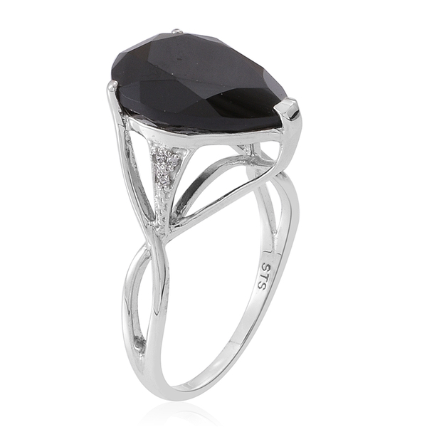 Boi Ploi Black Spinel (Pear), Natural White Cambodian Zircon Ring in Rhodium Plated Sterling Silver 11.000 Ct.