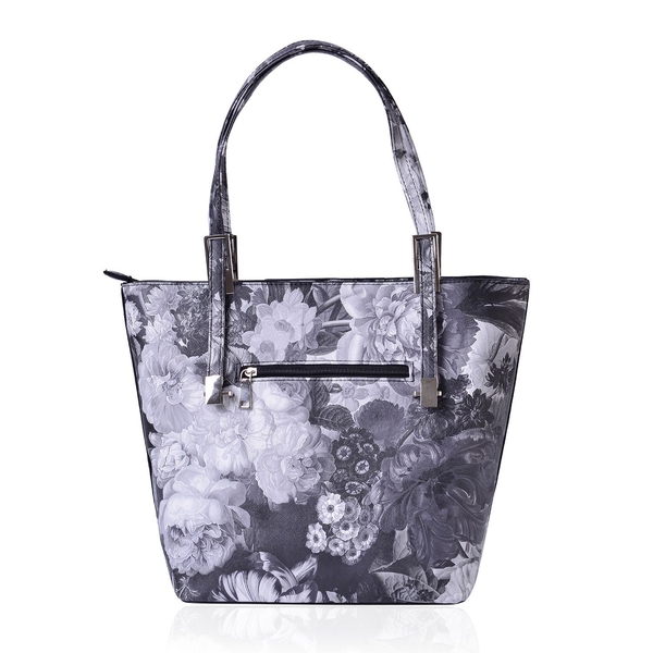 Chelsea Grey with Black Floral Pattern Tote Bag With Adjustable Shoulder Strap  (Size 39x29x32x15 Cm)