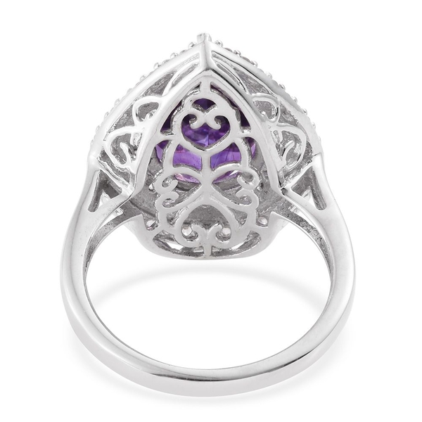 Limited Edition-Moroccan Amethyst (Pear 4.95 Ct), Natural Cambodian Zircon Ring in Platinum Overlay Sterling Silver 5.750 Ct.