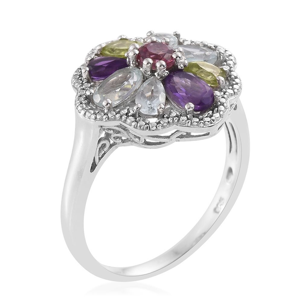 Hebei Peridot (Ovl), Amethyst, Espirito Santo Aquamarine, Rhodolite Garnet and Sky Blue Topaz Ring in Platinum Overlay Sterling Silver 2.470 Ct.
