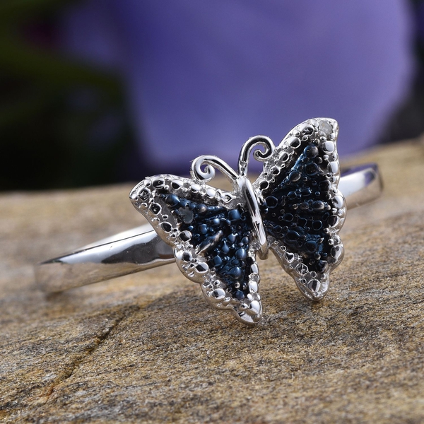 Blue Diamond (Rnd), White Diamond Butterfly Ring in Platinum Overlay Sterling Silver