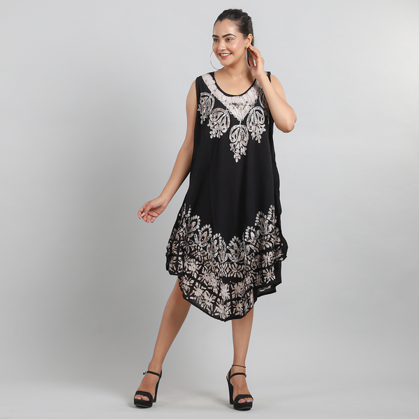 Viscose Crepe Umbrella Dress With Batik Print and Embroidery - Black and Grey