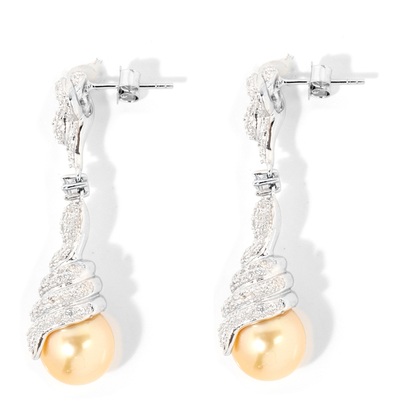 Golden South Sea Pearl (Rnd 10-11 mm), Natural White Cambodian Zircon Earrings ( With Push Back) in Rhodium Overlay Sterling Silver, Silver wt 8.70 Gms.