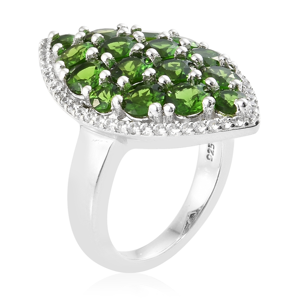 Chrome Diopside (Rnd), Natural Cambodian Zircon Marquise Ring in Platinum Overlay Sterling Silver 4.250 Ct, Silver wt 6.57 Gms.