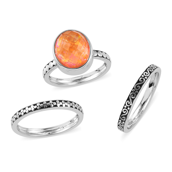 Sajen Silver Cultural Flair Collection - Set of 3 Quartz Doublet Simulated Opal Fire Ring in Rhodium