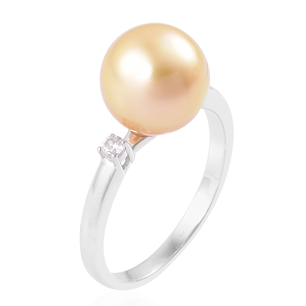 Rare Size AAAA South Sea Golden Pearl (Rnd 10-10.5mm), White Zircon Ring in Platinum Overlay Sterling Silver