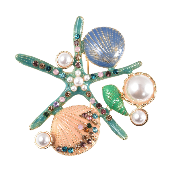 Multi Colour Austrian Crystal and Simulated Pearl Marine Life Enamlled Brooch Come Pendant in Yellow