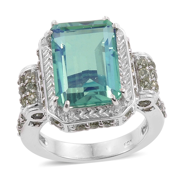 10.50 Ct Peacock Quartz and Green Sapphire Halo Ring in Platinum Plated Silver 8 Grams