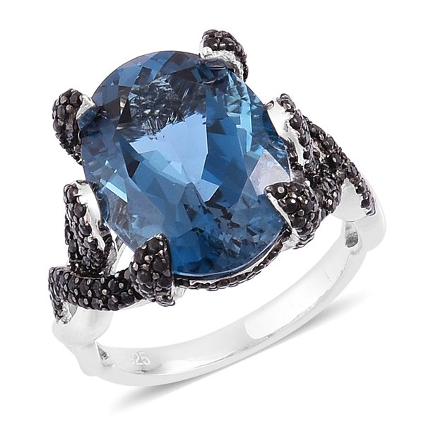 12.58 Ct Blue Topaz and Boi Ploi Black Spinel Ring in Rhodium Plated Sterling Silver