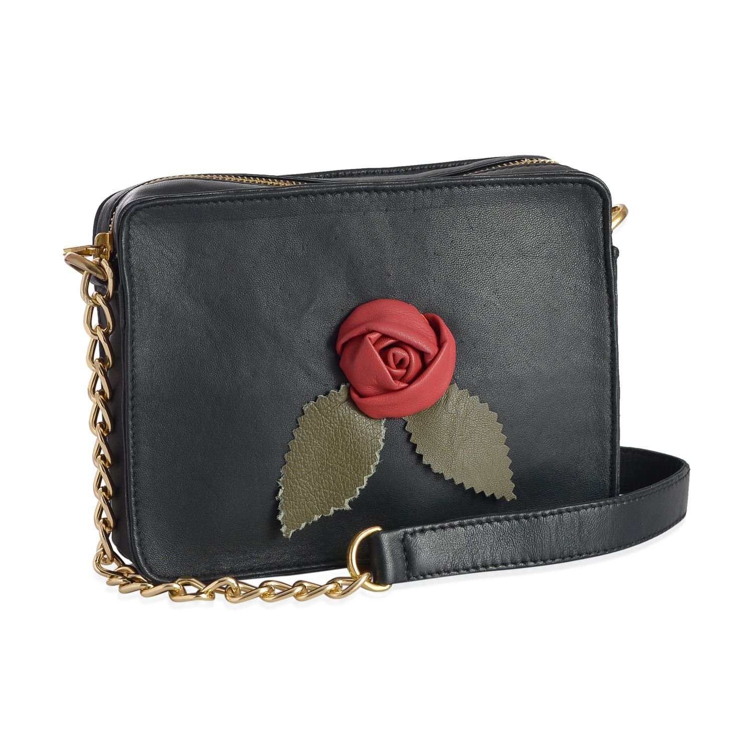 Sisley Style Genuine Leather Black Colour Sling Bag with Red Flower (Size 20x16 Cm)