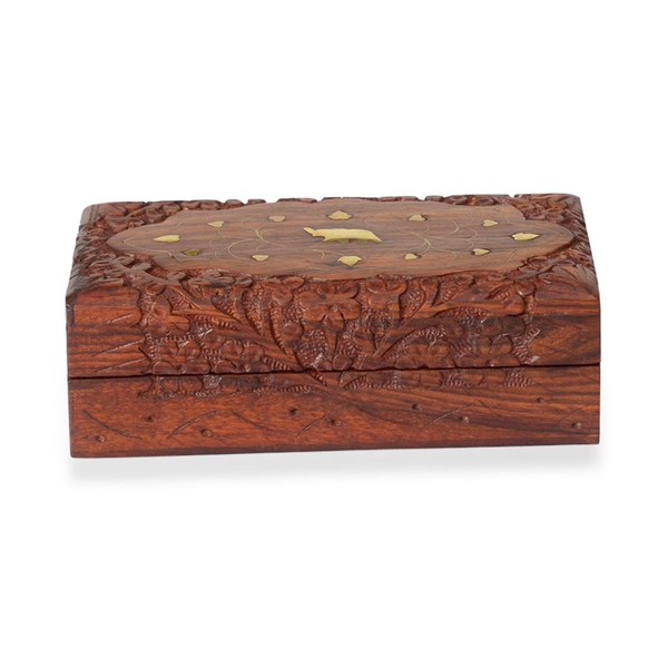 Set of 3 - Limited Available Elephant Brass Inlay Indian Rosewood Carved Jewellery Box with Black Velvet Inside (Size 20x12x7 Cm, 16x9x5 Cm, 13x5x3 Cm)