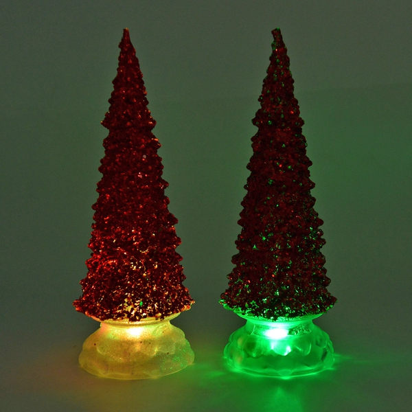 Set of 2 - Sparkle Red Christmas Tree with Colour Changing LED Lights (Size 26 Cm)