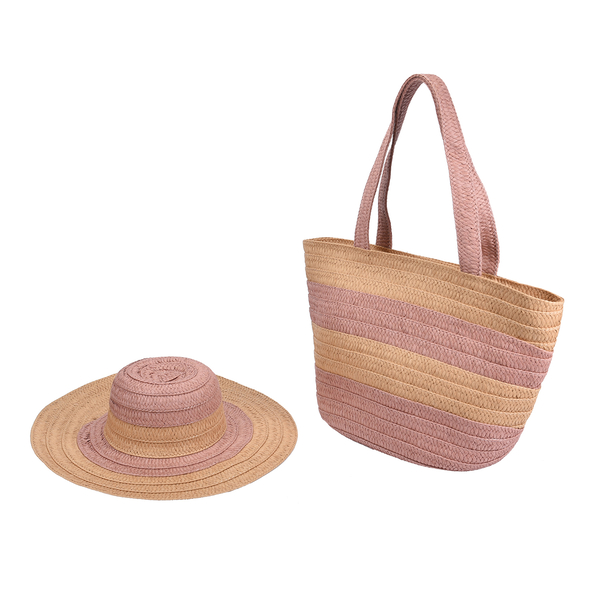 2 Piece Set - Handbag with Matching Hat Tote Bag and Zipper Closure - Pink & Khaki