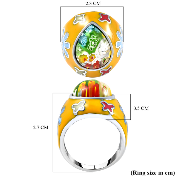 Multi Colour Murano Glass Enamelled Ring in Silver Tone