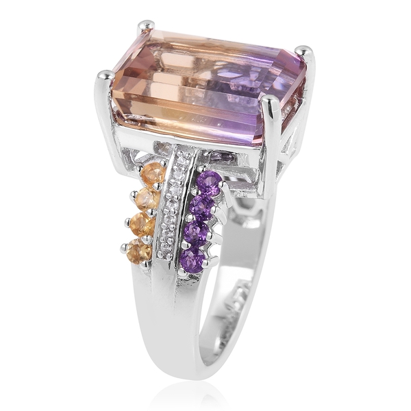 Natural Anahi Ametrine (Oct 14x10 mm), Amethyst,Citrine and Natural White Cambodian Zircon Ring in Rhodium Overlay Sterling Silver 9.380 Ct.