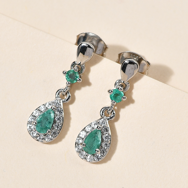 Premium Emerald and Natural Cambodian Zircon Dangling Earrings (With Push Back) in Platinum Overlay Sterling Silver