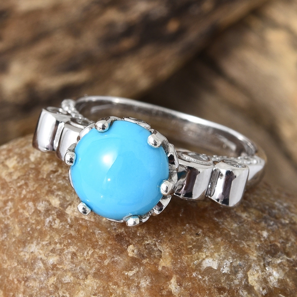 Arizona Sleeping Beauty Turquoise (Rnd 3.50 Ct), Natural Cambodian Zircon Ring in Platinum Overlay Sterling Silver 4.500 Ct. Silver wt 5.50 Gms.