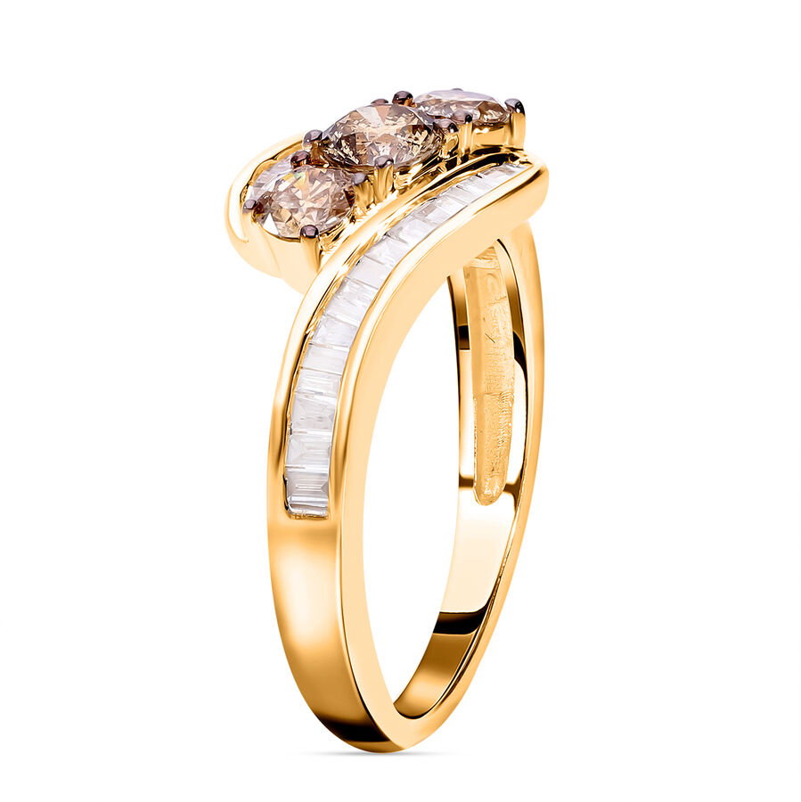 9K Yellow Gold SGL Certified Natural Champagne Diamond Trilogy & White Diamond (G-H) Bypass Ring 1.00 Ct