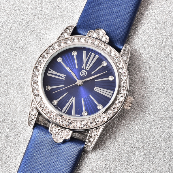 STRADA Japanese Movement White Austrian Crystal Studded Water Resistant Watch with Dark Blue Strap