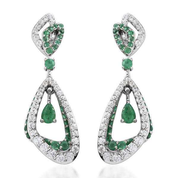 5.50 Ct AA Kagem Zambian Emerald and Natural Cambodian Zircon Dangle Earrings in Silver 9.35 grams