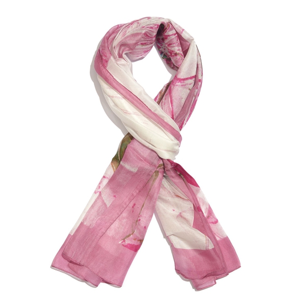 100% Mulberry Silk Pink, White and Multi Colour Handscreen Floral Printed Scarf (Size 180X50 Cm)