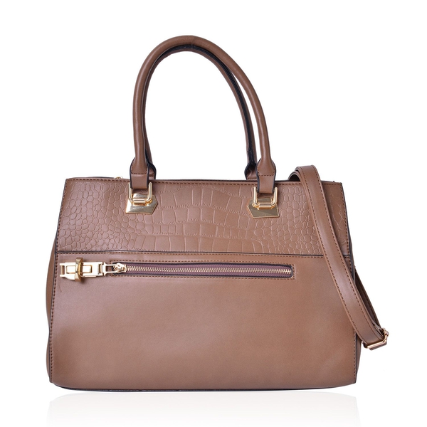Croc Embossed Chocolate Colour Tote Bag with 2 External Zipper Pockets and Adjustable and Removable 