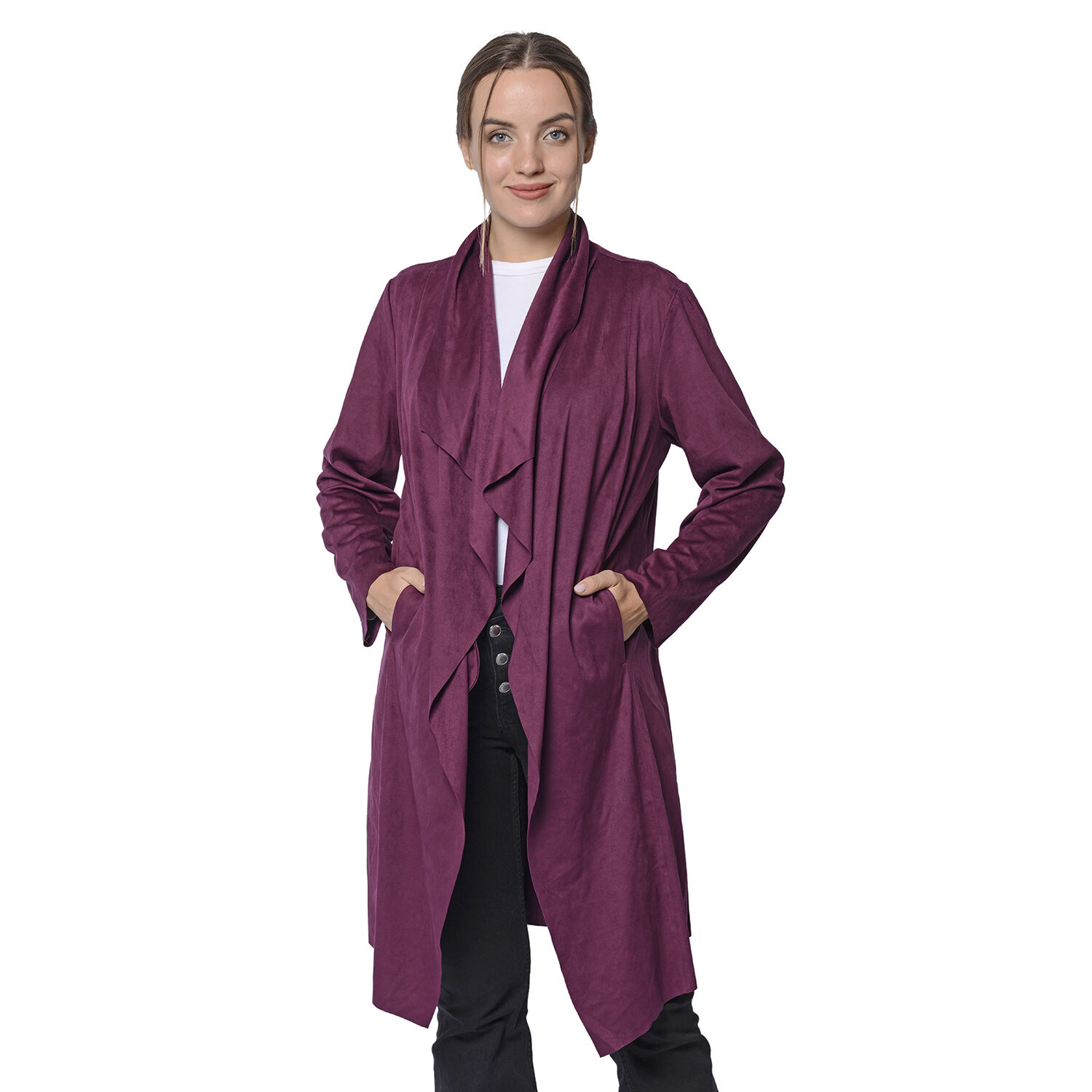 LA MAREY Super Soft Faux Suede Long Waterfall Cardigan in Plum Colour (Size XXL, 22-24)