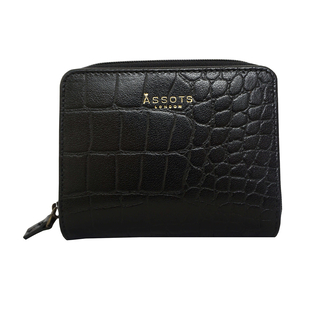 Assots London Croc Embossed Leather Zip Purse (Size 12x10cm) - Black