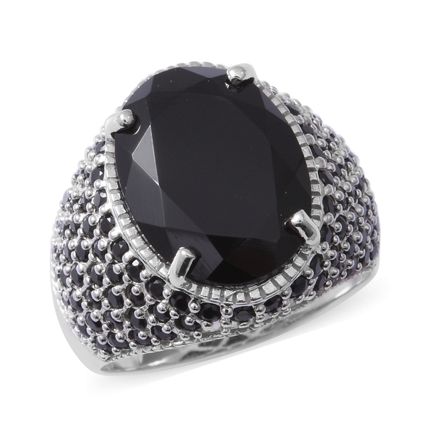 11.80 Ct Boi Ploi Black Spinel Cluster Dum Ring in Rhodium Plated Silver 6.80 Grams