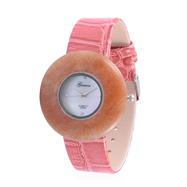 GENOA Japanese Movement Peach Quartzite, White Austrian Crystal Studded Water Resistant Watch with S