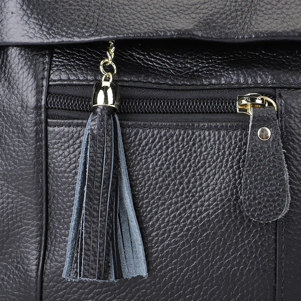 100% Genuine Leather Crossbody Bag with Tassels and Shoulder Strap (Size 28x10x22 Cm) - Black
