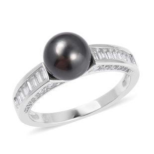 Tahitian Pearl and White Topaz Classic Solitaire Design Ring in Rhodium Plated Sterling Silver