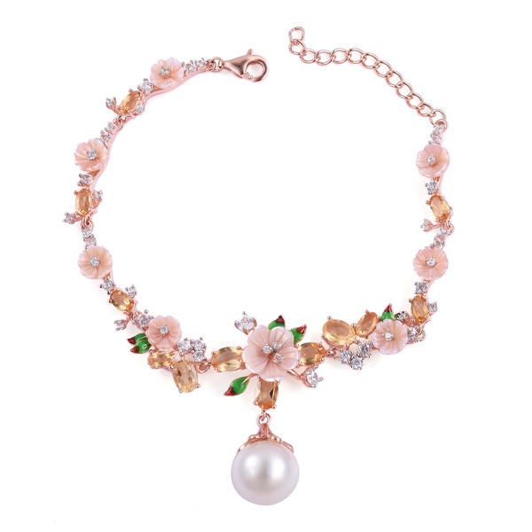 Jardin Collection - South Sea White Pearl (Rnd 12-12.5mm), Citrine and Multi Gemstone Buttercup flow